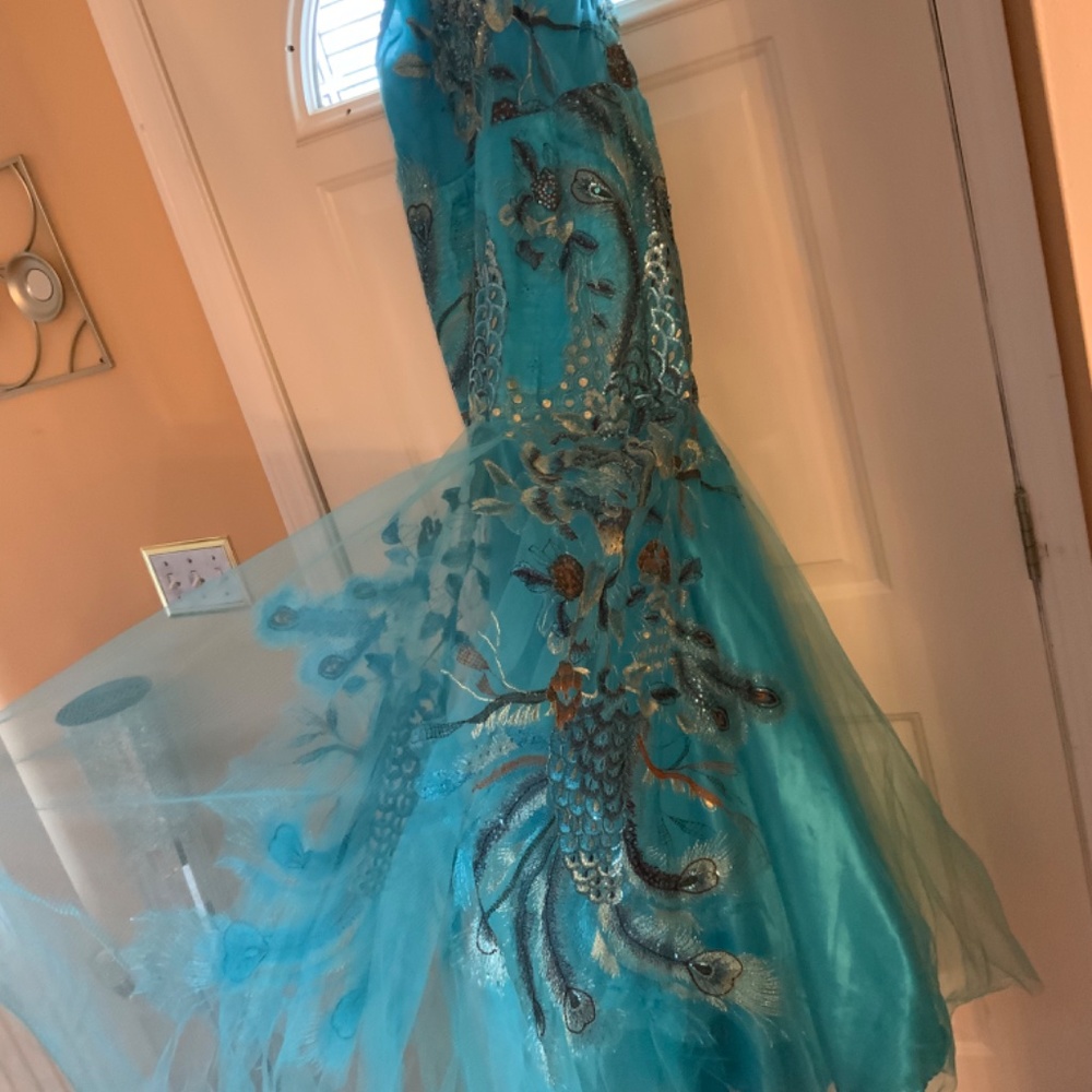Turquoise and brown peacock prom dress . - Picture 12 of 15